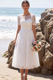 White Appliqued Illusion Neck A Line Engagement Dress
