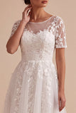 White Appliqued Illusion Neck A Line Engagement Dress