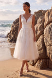 Lace White A Line V Neck Midi Engagement Dress