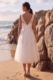 Lace White A Line V Neck Midi Engagement Dress