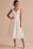 White V-Neck Ruched A Line Midi Engagement Dress with Lace