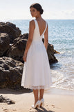 White V-Neck Ruched A Line Midi Engagement Dress with Lace