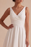 White V-Neck Ruched A Line Midi Engagement Dress with Lace