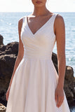 White V-Neck Ruched A Line Midi Engagement Dress with Lace