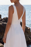 White V-Neck Ruched A Line Midi Engagement Dress with Lace