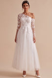White One Shoulder A Line Tulle Appliqued Long Wedding Dress
