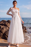 White One Shoulder A Line Tulle Appliqued Long Wedding Dress
