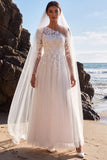 White One Shoulder A Line Tulle Appliqued Long Wedding Dress