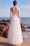 White One Shoulder A Line Tulle Appliqued Long Wedding Dress