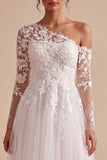 White One Shoulder A Line Tulle Appliqued Long Wedding Dress