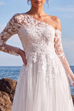 White One Shoulder A Line Tulle Appliqued Long Wedding Dress