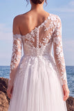 White One Shoulder A Line Tulle Appliqued Long Wedding Dress