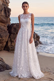 Floral White Applique Illusion Neck A Line Wedding Dress