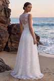 Floral White Applique Illusion Neck A Line Wedding Dress