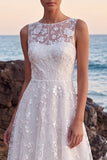 Floral White Applique Illusion Neck A Line Wedding Dress