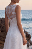 Floral White Applique Illusion Neck A Line Wedding Dress