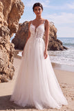 White A Line Tulle Appliqued Spaghetti Straps Long Wedding Dress