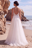 White A Line Tulle Appliqued Spaghetti Straps Long Wedding Dress