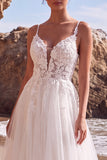 White A Line Tulle Appliqued Spaghetti Straps Long Wedding Dress