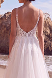 White A Line Tulle Appliqued Spaghetti Straps Long Wedding Dress