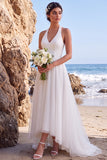 Halter White A Line High-Low Wedding Dress
