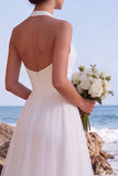 Halter White A Line High-Low Wedding Dress