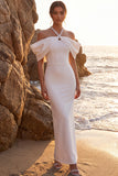 White Sheath Rhinestone Off the Shoulder Engagement Dress with Back Slit