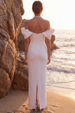 White Sheath Rhinestone Off the Shoulder Engagement Dress with Back Slit