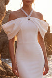 White Sheath Rhinestone Off the Shoulder Engagement Dress with Back Slit