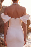 White Sheath Rhinestone Off the Shoulder Engagement Dress with Back Slit