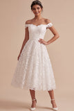 Off the Shoulder White A Line Lace Applique Midi Engagement Dress