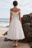 Off the Shoulder White A Line Lace Applique Midi Engagement Dress