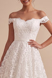 Off the Shoulder White A Line Lace Applique Midi Engagement Dress
