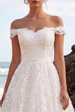 Off the Shoulder White A Line Lace Applique Midi Engagement Dress