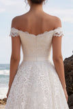 Off the Shoulder White A Line Lace Applique Midi Engagement Dress