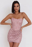 Strapless Pink Corset Ruched Sequin Bodycon Homecoming Dress