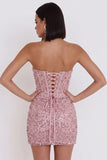 Strapless Pink Corset Ruched Sequin Bodycon Homecoming Dress