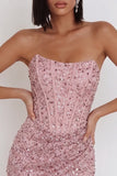 Strapless Pink Corset Ruched Sequin Bodycon Homecoming Dress