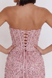 Strapless Pink Corset Ruched Sequin Bodycon Homecoming Dress