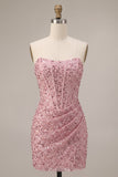 Strapless Pink Corset Ruched Sequin Bodycon Homecoming Dress
