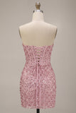 Strapless Pink Corset Ruched Sequin Bodycon Homecoming Dress