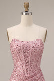 Strapless Pink Corset Ruched Sequin Bodycon Homecoming Dress
