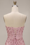 Strapless Pink Corset Ruched Sequin Bodycon Homecoming Dress