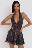 Sparkly Black Halter Tiered A Line Short Homecoming Dress