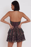 Sparkly Black Halter Tiered A Line Short Homecoming Dress