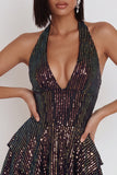 Sparkly Black Halter Tiered A Line Short Homecoming Dress