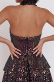Sparkly Black Halter Tiered A Line Short Homecoming Dress