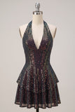 Sparkly Black Halter Tiered A Line Short Homecoming Dress