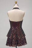Sparkly Black Halter Tiered A Line Short Homecoming Dress