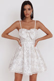 White Sequin A Line Spaghetti Straps Short Homecoming Dress with Bow
